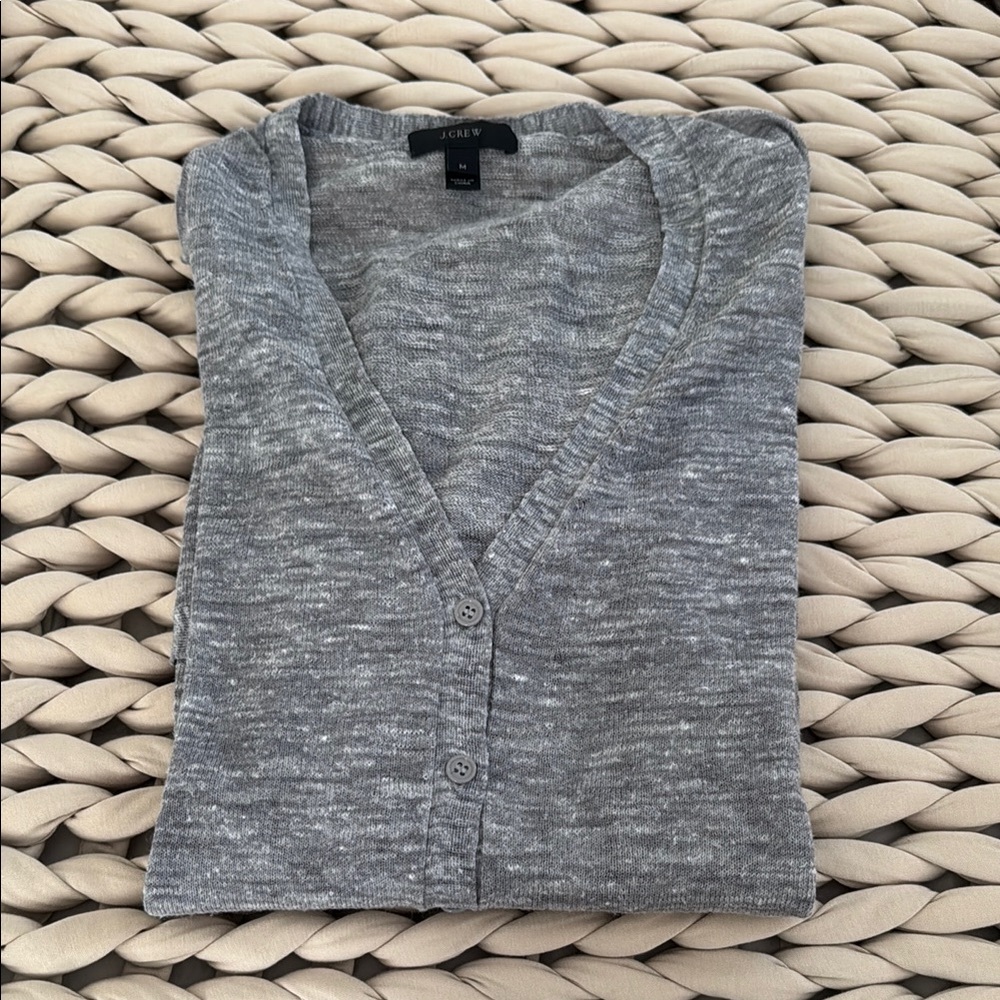 J. Crew Heathered Gray Linen Blend Lightweight Cardigan Sweater